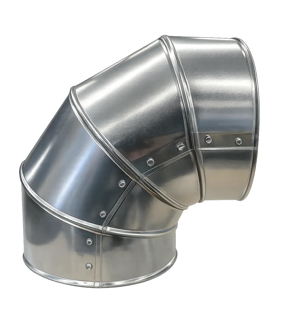 Gotowe kolano blaszane, prefabrykowany element osłony izolacji rur, z widocznymi nitami i przetłoczeniami na białym tle.